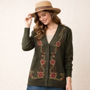 90's Koret Green Embroidered Floral Rose V-Neck Cardigan M Bloomcore 3D